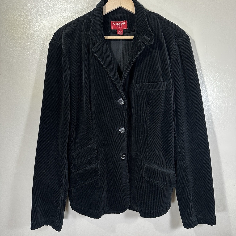 Chaps Denim Women's Large Corduroy Blazer Jacket Black Collared Preppy Academia